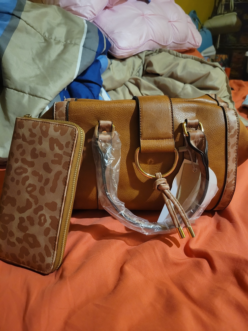 Tan Women's Satchel Handbag with Leopard Zip Wallet